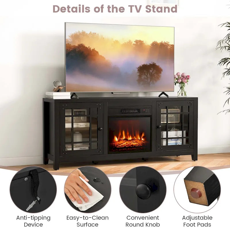 Meuble TV Costway de 58 pouces avec foyer électrique pour téléviseurs jusqu'à 65 pouces - 58 x 16 x 25