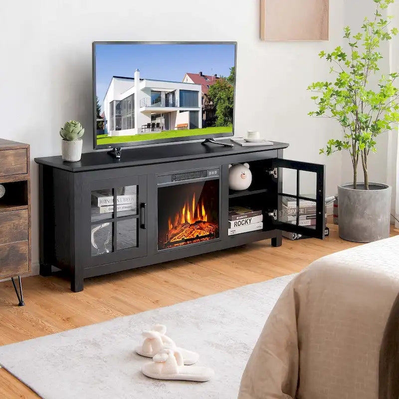 Meuble TV Costway de 58 pouces avec foyer électrique pour téléviseurs jusqu'à 65 pouces - 58 x 16 x 25