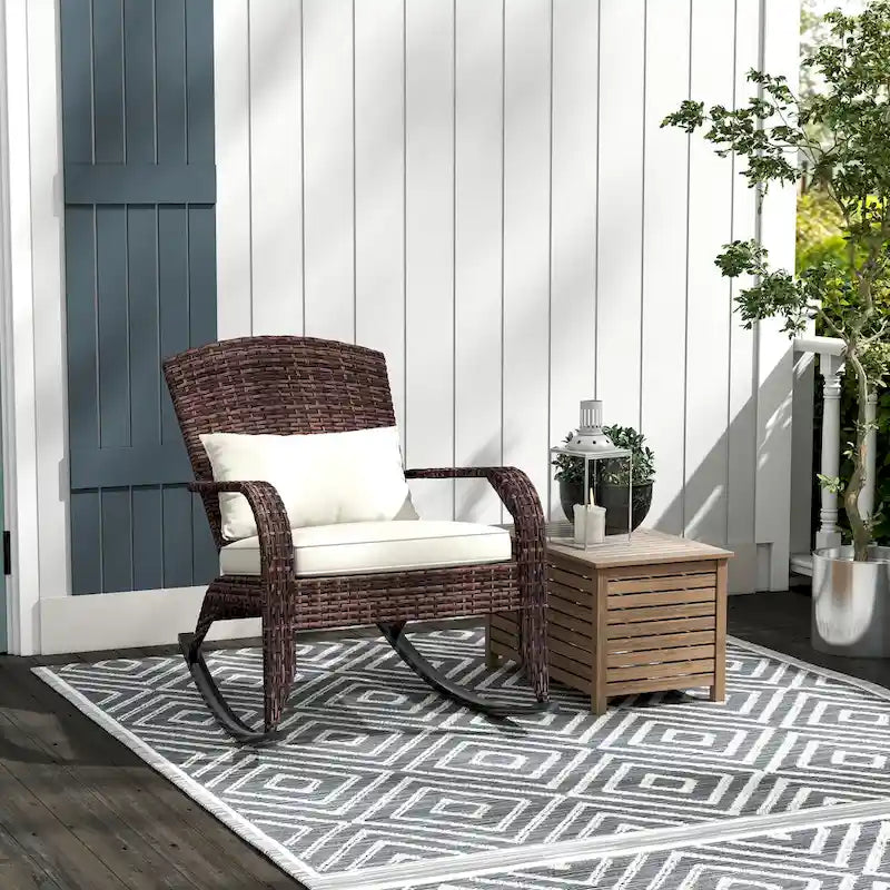 Fauteuil à bascule Adirondack en osier, fauteuil à bascule en rotin pour patio avec dossier haut, coussin d'assise et oreiller pour jardin, véranda, balcon