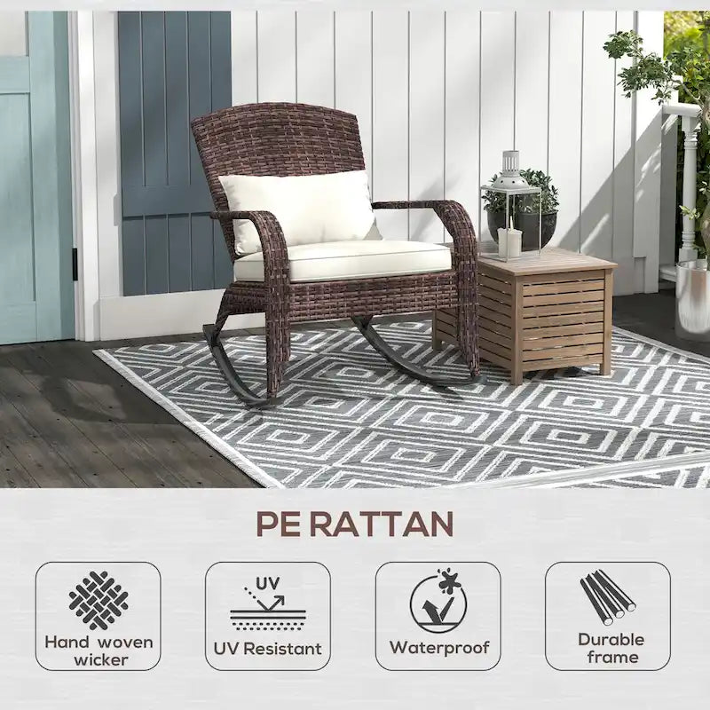 Fauteuil à bascule Adirondack en osier, fauteuil à bascule en rotin pour patio avec dossier haut, coussin d'assise et oreiller pour jardin, véranda, balcon