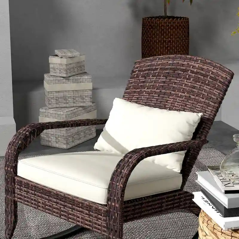 Fauteuil à bascule Adirondack en osier, fauteuil à bascule en rotin pour patio avec dossier haut, coussin d'assise et oreiller pour jardin, véranda, balcon