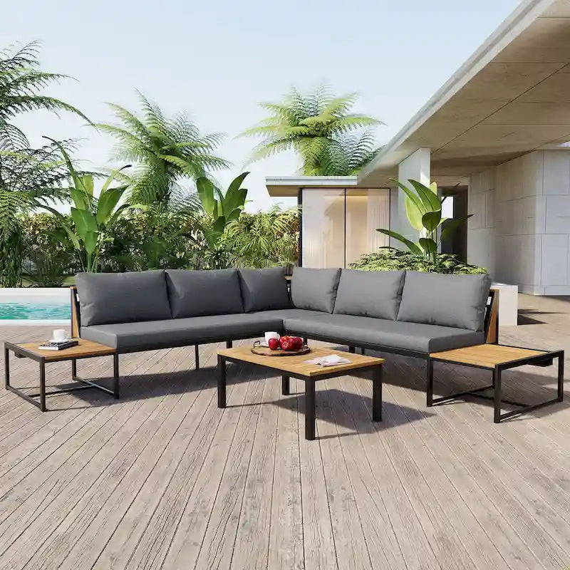 4 Pcs Outdoor Sofa Set with Waterproof Cushions, Patio Furniture Set with Coffee Table, Corner Chair and 2 Loveseats