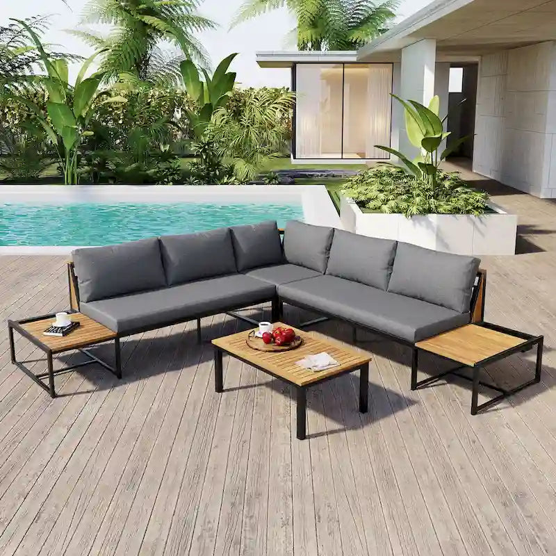 Ensemble de canapés d'extérieur 4 pièces avec coussins imperméables, ensemble de mobilier de patio avec table basse, fauteuil d'angle et 2 causeuses