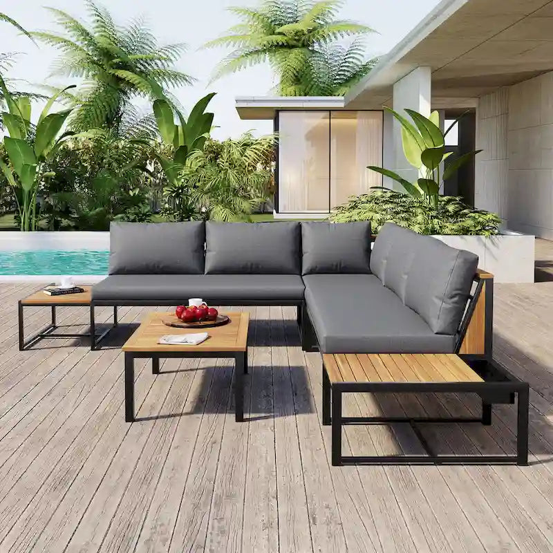 Ensemble de canapés d'extérieur 4 pièces avec coussins imperméables, ensemble de mobilier de patio avec table basse, fauteuil d'angle et 2 causeuses
