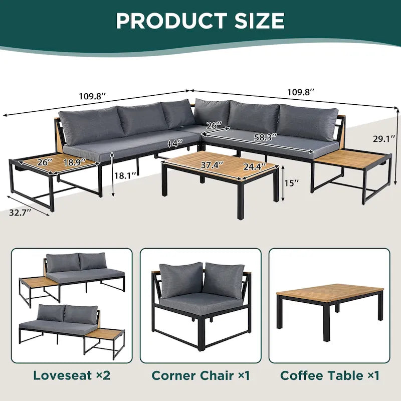 Ensemble de canapés d'extérieur 4 pièces avec coussins imperméables, ensemble de mobilier de patio avec table basse, fauteuil d'angle et 2 causeuses