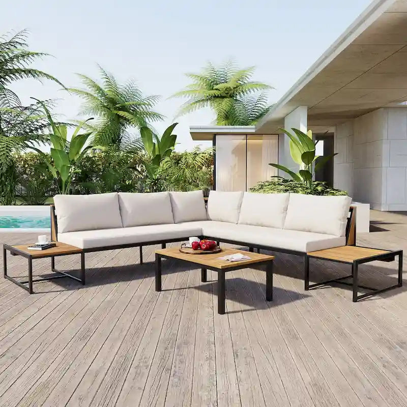 Ensemble de canapés d'extérieur 4 pièces avec coussins imperméables, ensemble de mobilier de patio avec table basse, fauteuil d'angle et 2 causeuses