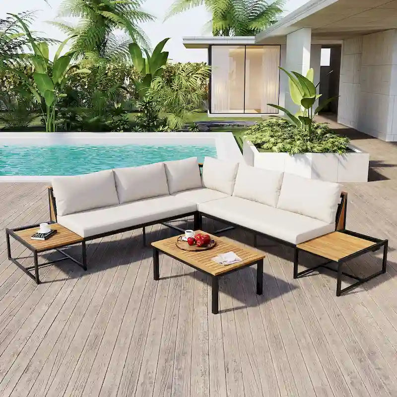 Ensemble de canapés d'extérieur 4 pièces avec coussins imperméables, ensemble de mobilier de patio avec table basse, fauteuil d'angle et 2 causeuses