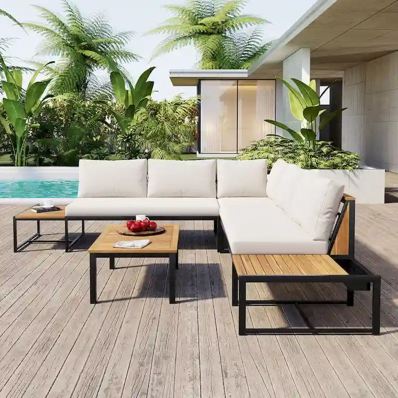 Ensemble de canapés d'extérieur 4 pièces avec coussins imperméables, ensemble de mobilier de patio avec table basse, fauteuil d'angle et 2 causeuses