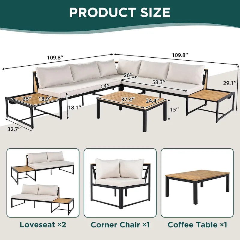 Ensemble de canapés d'extérieur 4 pièces avec coussins imperméables, ensemble de mobilier de patio avec table basse, fauteuil d'angle et 2 causeuses