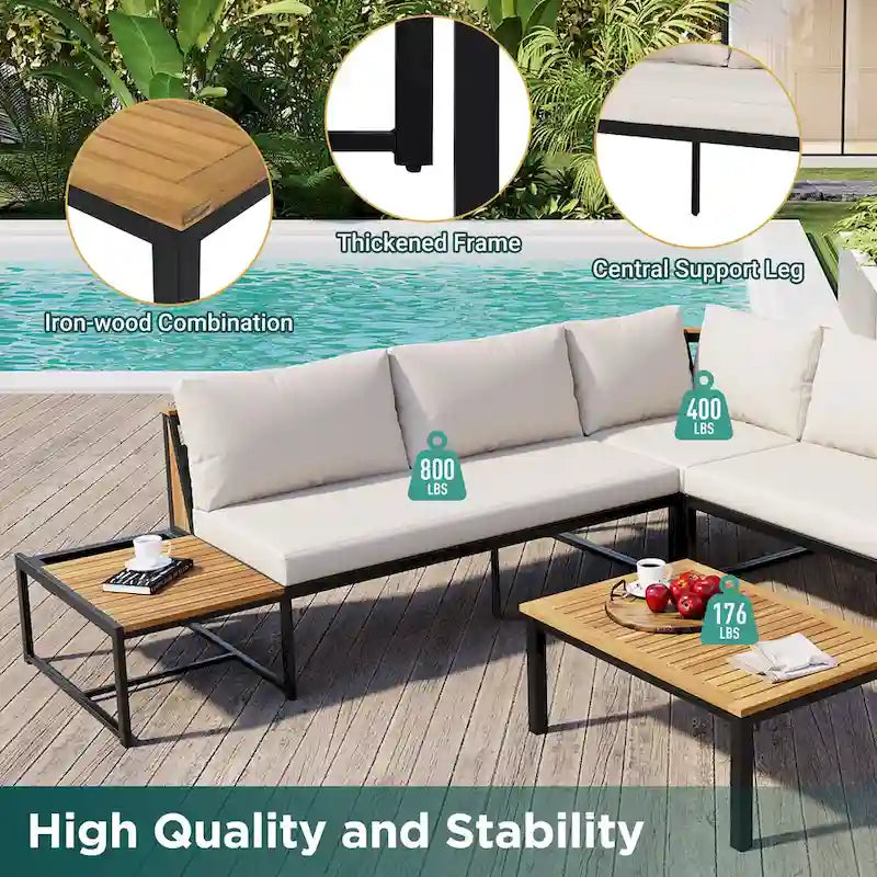 Ensemble de canapés d'extérieur 4 pièces avec coussins imperméables, ensemble de mobilier de patio avec table basse, fauteuil d'angle et 2 causeuses