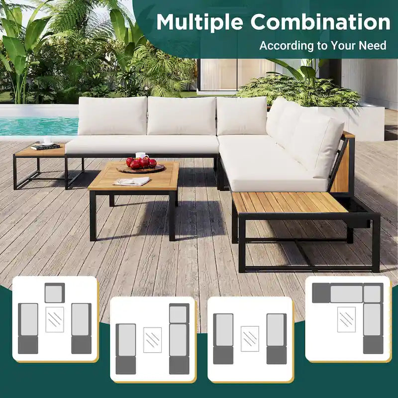 Ensemble de canapés d'extérieur 4 pièces avec coussins imperméables, ensemble de mobilier de patio avec table basse, fauteuil d'angle et 2 causeuses
