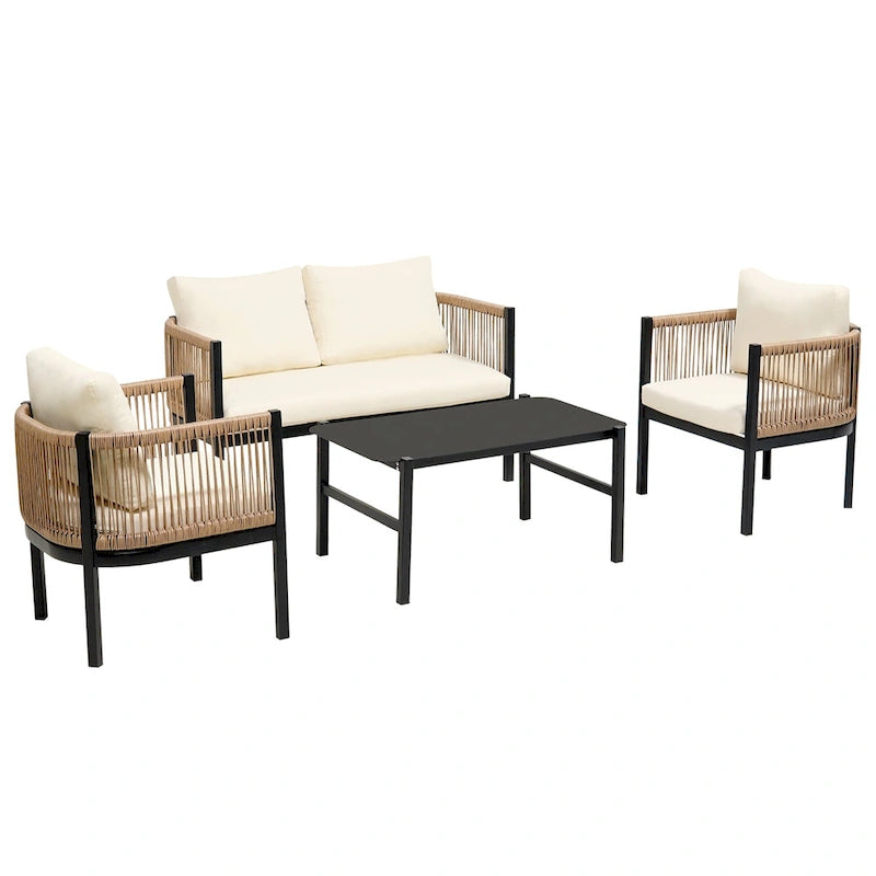 Ensemble de canapé d'angle d'extérieur 5 pièces en rotin PE, ensemble de mobilier de conversation pour patio avec causeuse, 2 chaises et table
