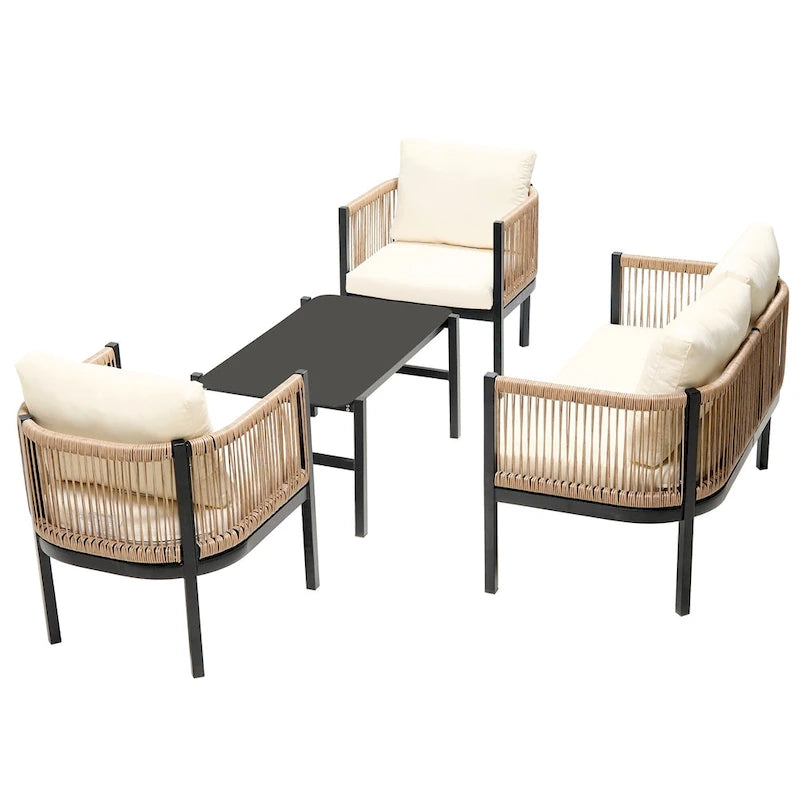Ensemble de canapé d'angle d'extérieur 5 pièces en rotin PE, ensemble de mobilier de conversation pour patio avec causeuse, 2 chaises et table