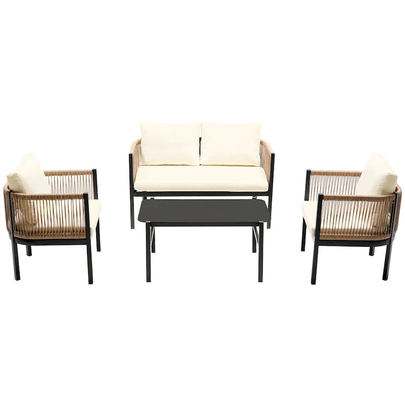 Ensemble de canapé d'angle d'extérieur 5 pièces en rotin PE, ensemble de mobilier de conversation pour patio avec causeuse, 2 chaises et table