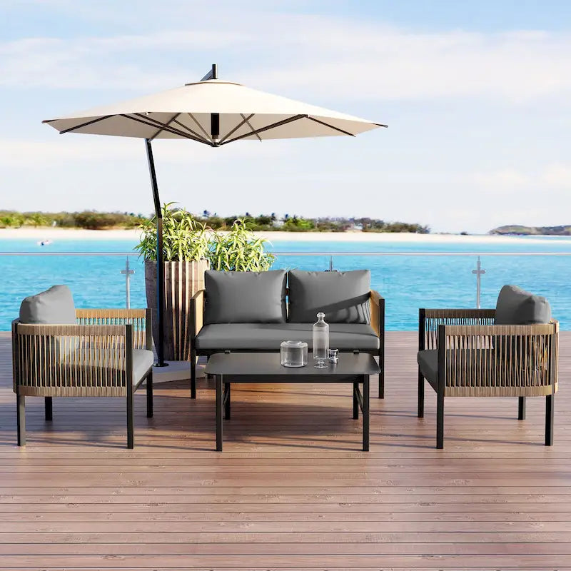 Ensemble de canapé d'angle d'extérieur 5 pièces en rotin PE, ensemble de mobilier de conversation pour patio avec causeuse, 2 chaises et table