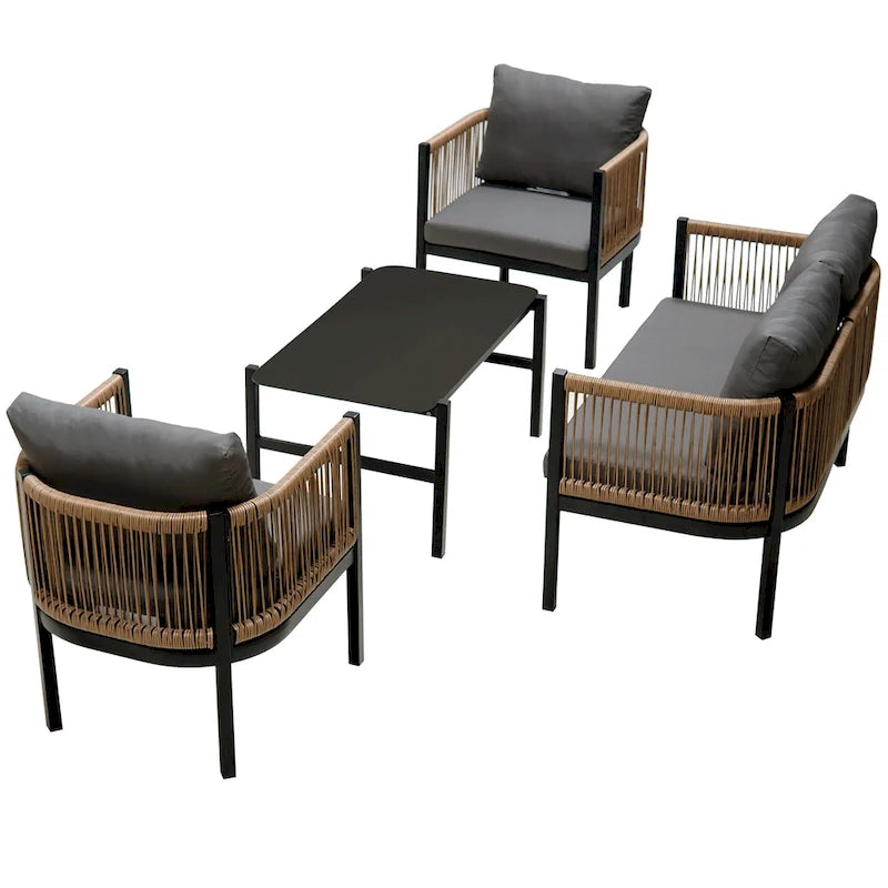Ensemble de canapé d'angle d'extérieur 5 pièces en rotin PE, ensemble de mobilier de conversation pour patio avec causeuse, 2 chaises et table
