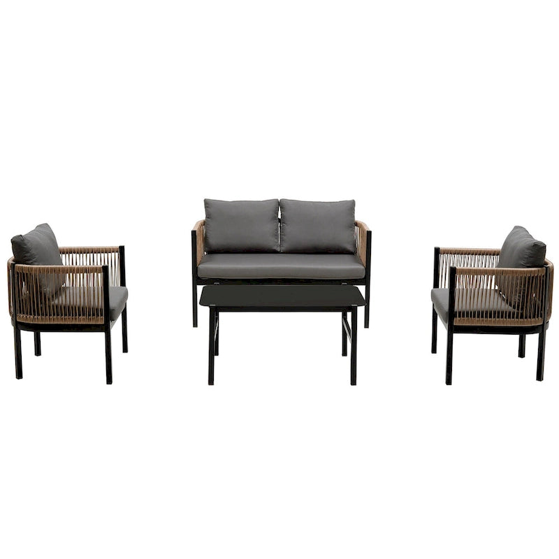Ensemble de canapé d'angle d'extérieur 5 pièces en rotin PE, ensemble de mobilier de conversation pour patio avec causeuse, 2 chaises et table
