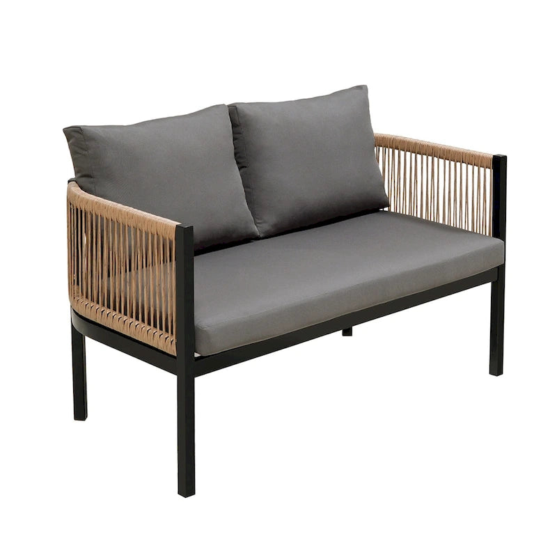 Ensemble de canapé d'angle d'extérieur 5 pièces en rotin PE, ensemble de mobilier de conversation pour patio avec causeuse, 2 chaises et table