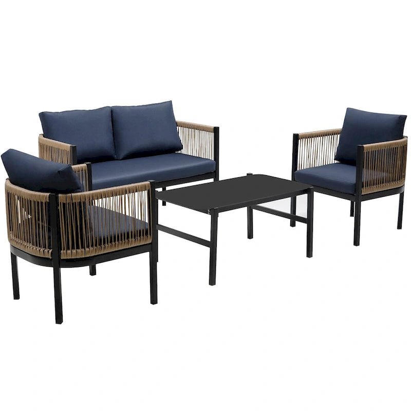 Ensemble de canapé d'angle d'extérieur 5 pièces en rotin PE, ensemble de mobilier de conversation pour patio avec causeuse, 2 chaises et table