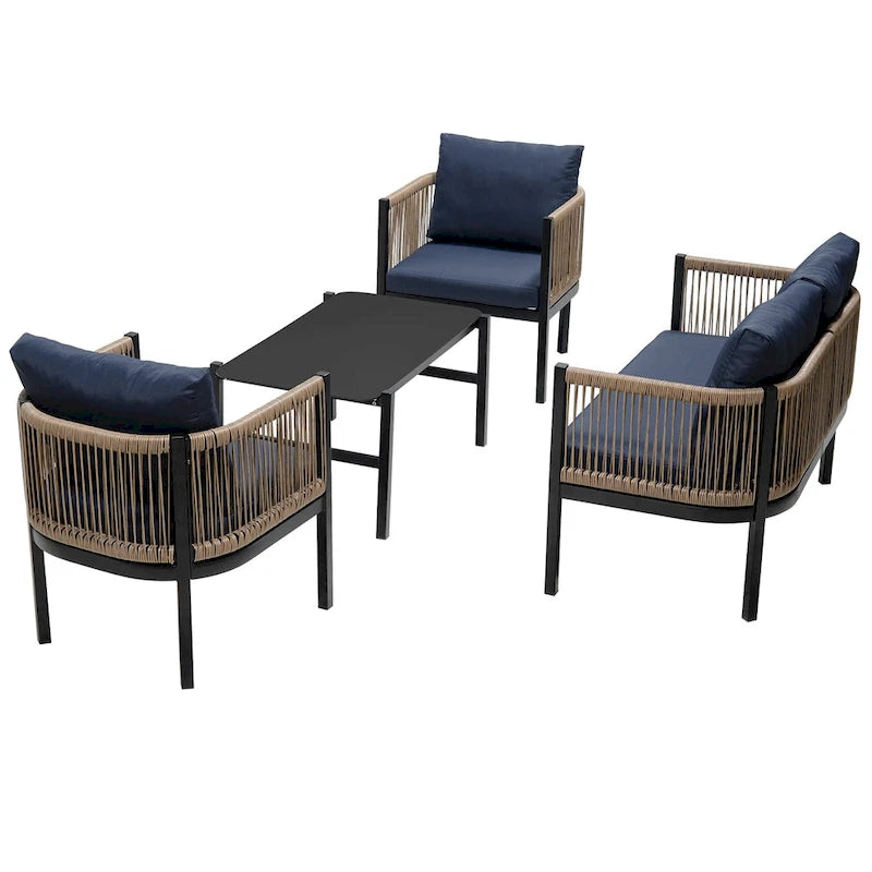Ensemble de canapé d'angle d'extérieur 5 pièces en rotin PE, ensemble de mobilier de conversation pour patio avec causeuse, 2 chaises et table