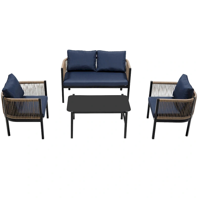 Ensemble de canapé d'angle d'extérieur 5 pièces en rotin PE, ensemble de mobilier de conversation pour patio avec causeuse, 2 chaises et table