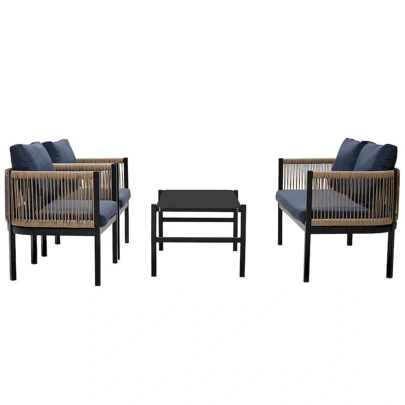 Ensemble de canapé d'angle d'extérieur 5 pièces en rotin PE, ensemble de mobilier de conversation pour patio avec causeuse, 2 chaises et table