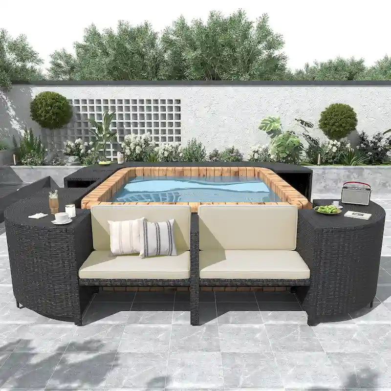 Ensemble de canapé d'extérieur en rotin pour patio, toutes saisons, avec mini-canapé, sièges en bois et espaces de rangement