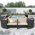 Ensemble de canapé d'extérieur en rotin pour patio, toutes saisons, avec mini-canapé, sièges en bois et espaces de rangement