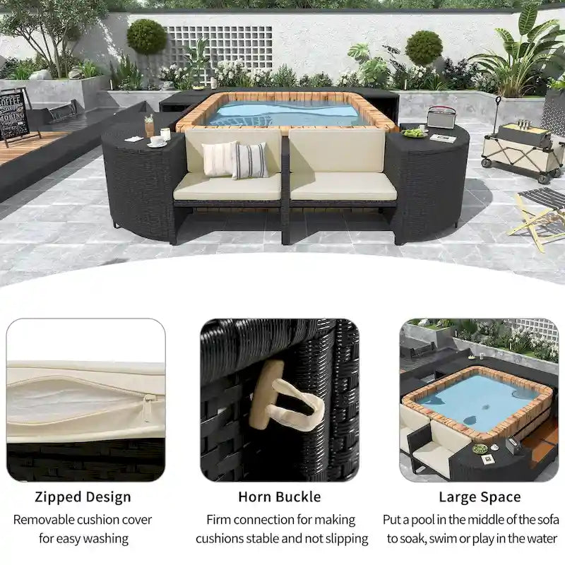 Ensemble de canapé d'extérieur en rotin pour patio, toutes saisons, avec mini-canapé, sièges en bois et espaces de rangement