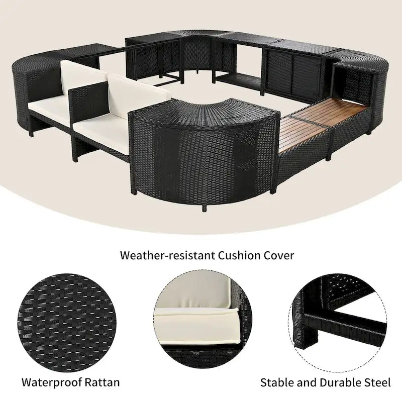 Ensemble de canapé d'extérieur en rotin pour patio, toutes saisons, avec mini-canapé, sièges en bois et espaces de rangement