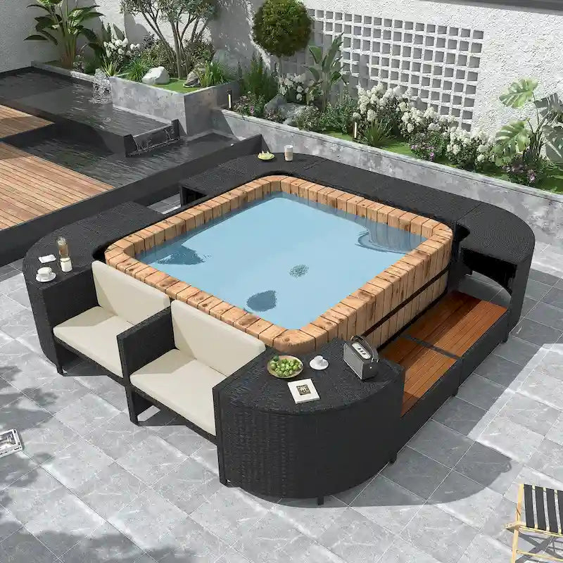 Ensemble de canapé d'extérieur en rotin pour patio, toutes saisons, avec mini-canapé, sièges en bois et espaces de rangement