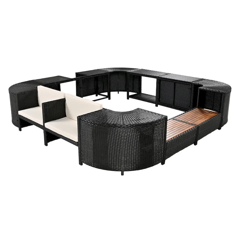 Ensemble de canapé d'extérieur en rotin pour patio, toutes saisons, avec mini-canapé, sièges en bois et espaces de rangement