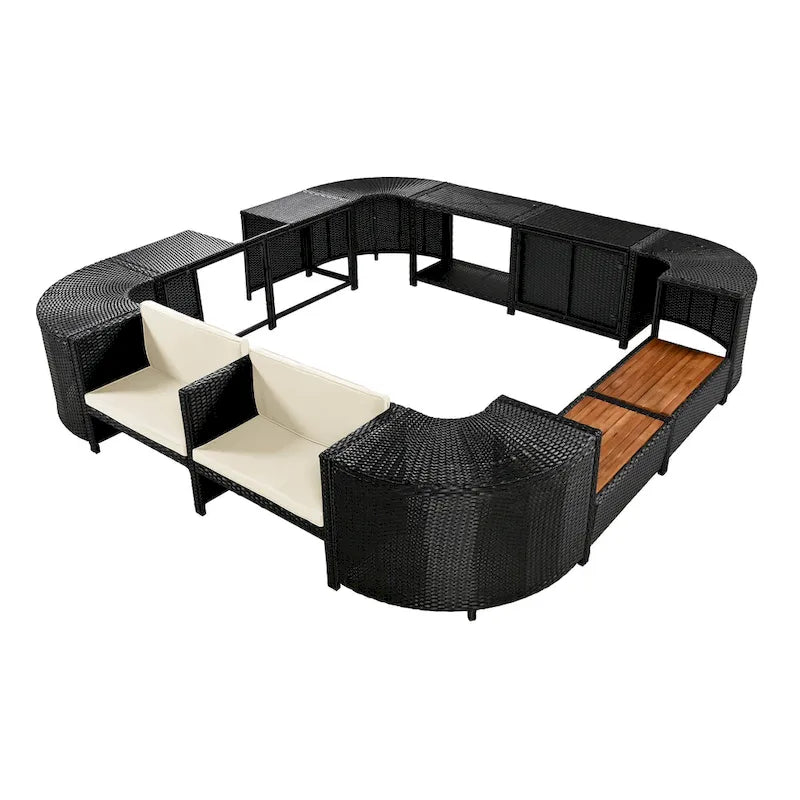 Ensemble de canapé d'extérieur en rotin pour patio, toutes saisons, avec mini-canapé, sièges en bois et espaces de rangement