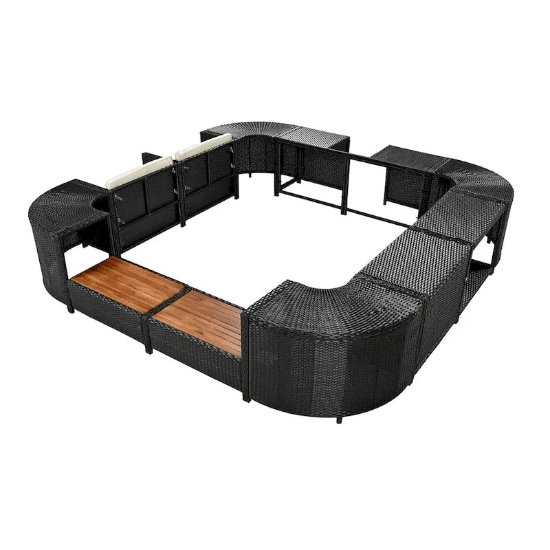 Ensemble de canapé d'extérieur en rotin pour patio, toutes saisons, avec mini-canapé, sièges en bois et espaces de rangement