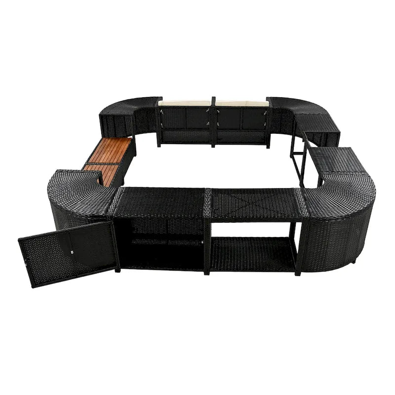 Ensemble de canapé d'extérieur en rotin pour patio, toutes saisons, avec mini-canapé, sièges en bois et espaces de rangement