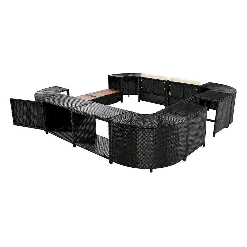 Ensemble de canapé d'extérieur en rotin pour patio, toutes saisons, avec mini-canapé, sièges en bois et espaces de rangement