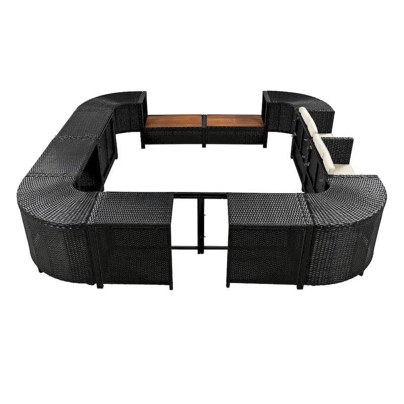 Ensemble de canapé d'extérieur en rotin pour patio, toutes saisons, avec mini-canapé, sièges en bois et espaces de rangement