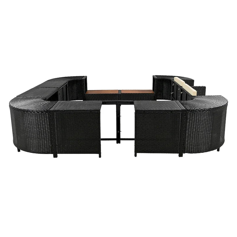 Ensemble de canapé d'extérieur en rotin pour patio, toutes saisons, avec mini-canapé, sièges en bois et espaces de rangement