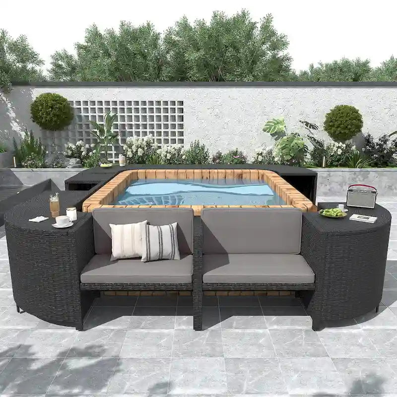 Ensemble de canapé d'extérieur en rotin pour patio, toutes saisons, avec mini-canapé, sièges en bois et espaces de rangement