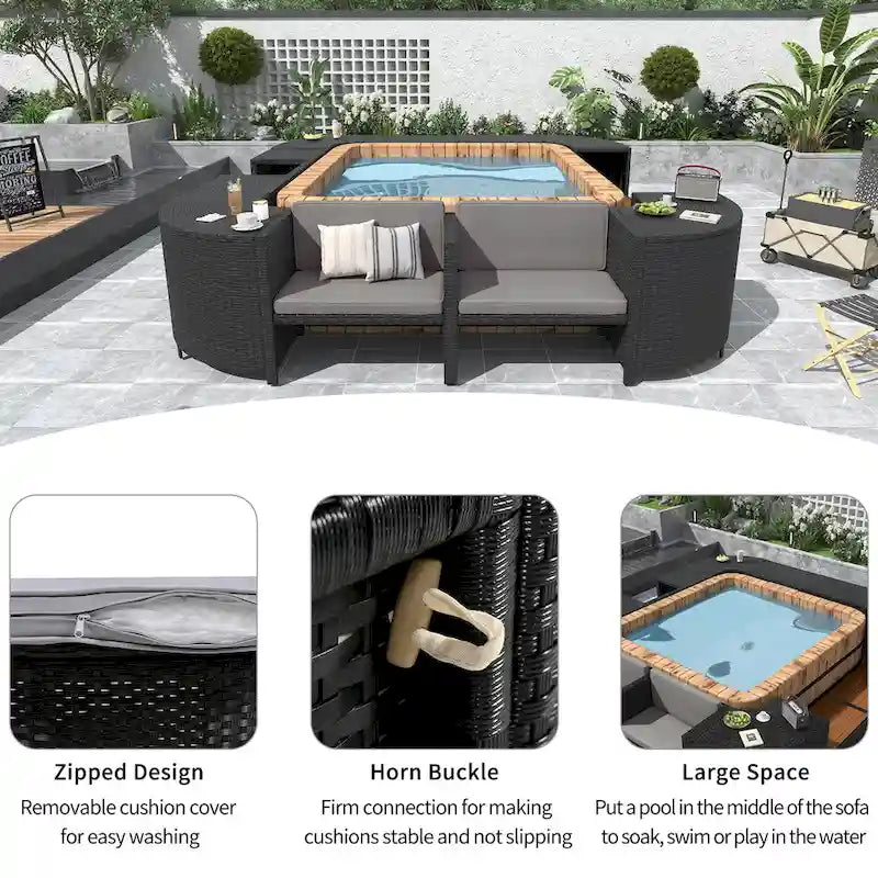 Ensemble de canapé d'extérieur en rotin pour patio, toutes saisons, avec mini-canapé, sièges en bois et espaces de rangement