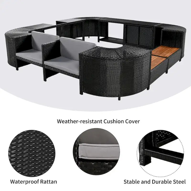 Ensemble de canapé d'extérieur en rotin pour patio, toutes saisons, avec mini-canapé, sièges en bois et espaces de rangement