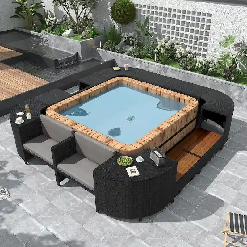 Ensemble de canapé d'extérieur en rotin pour patio, toutes saisons, avec mini-canapé, sièges en bois et espaces de rangement