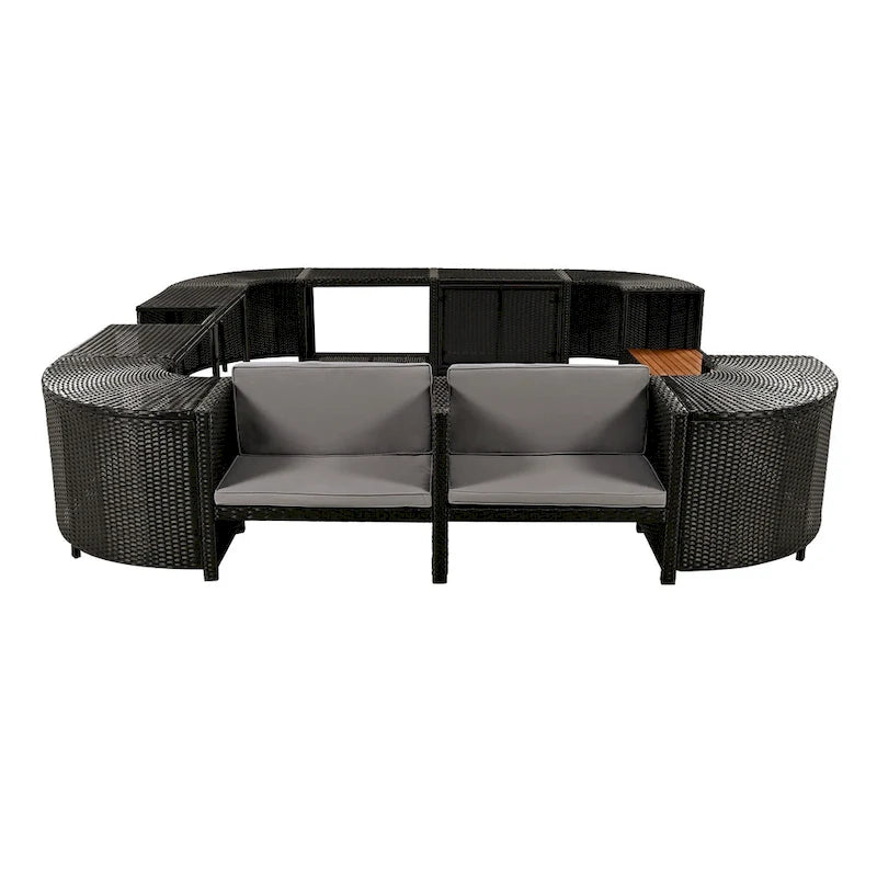 Ensemble de canapé d'extérieur en rotin pour patio, toutes saisons, avec mini-canapé, sièges en bois et espaces de rangement