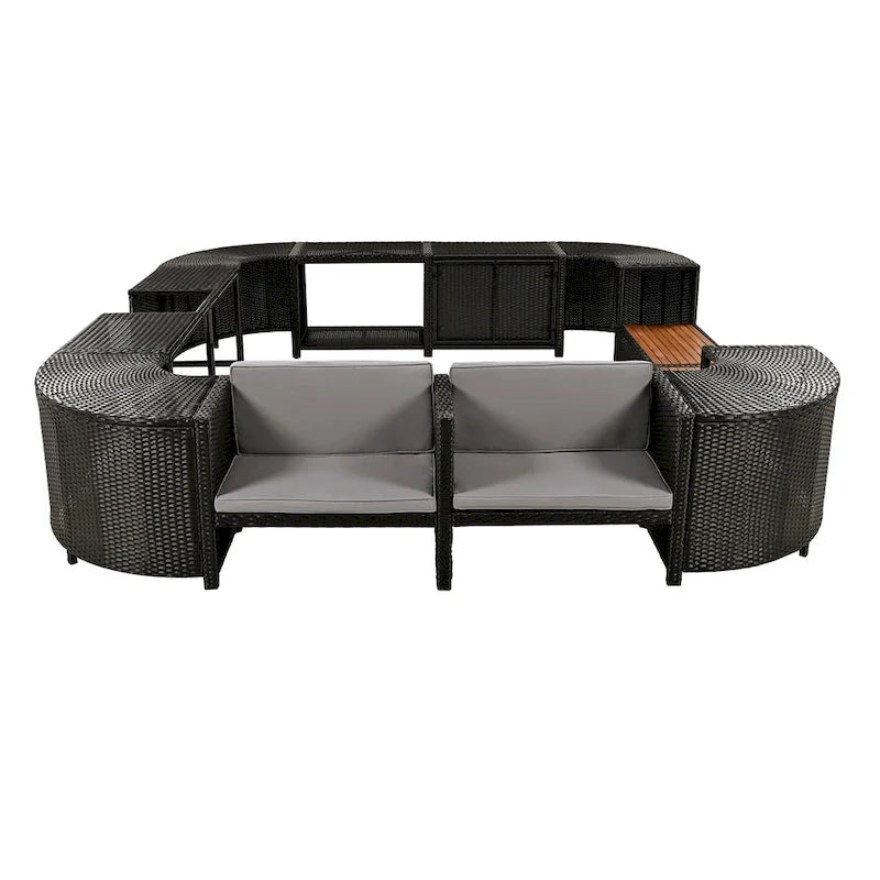 Ensemble de canapé d'extérieur en rotin pour patio, toutes saisons, avec mini-canapé, sièges en bois et espaces de rangement