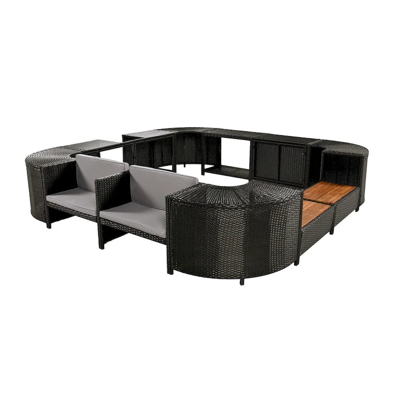 Ensemble de canapé d'extérieur en rotin pour patio, toutes saisons, avec mini-canapé, sièges en bois et espaces de rangement