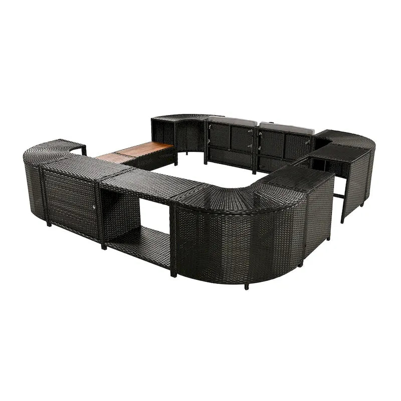 Ensemble de canapé d'extérieur en rotin pour patio, toutes saisons, avec mini-canapé, sièges en bois et espaces de rangement