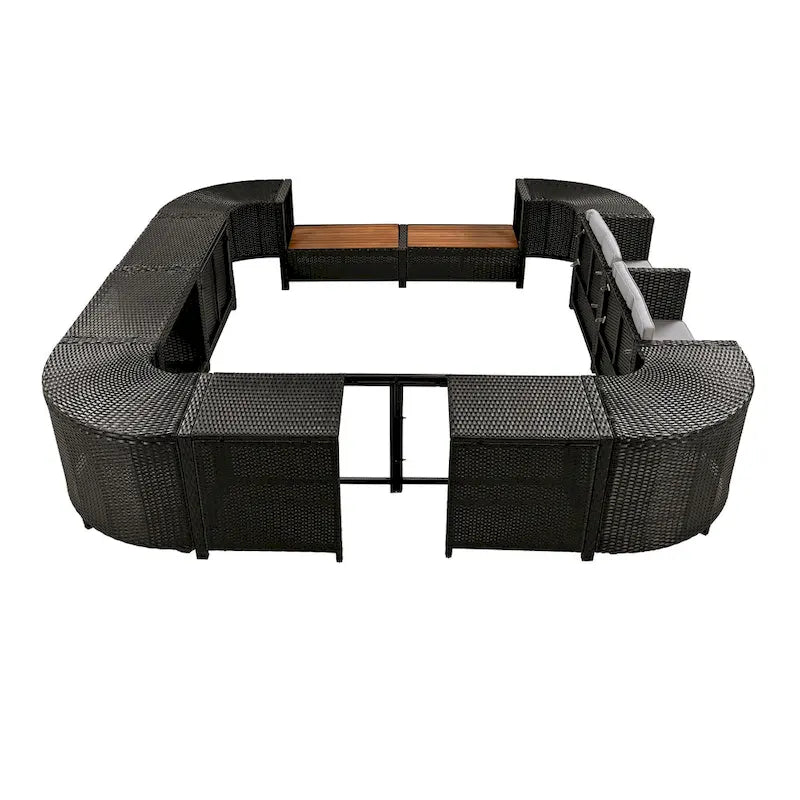 Ensemble de canapé d'extérieur en rotin pour patio, toutes saisons, avec mini-canapé, sièges en bois et espaces de rangement
