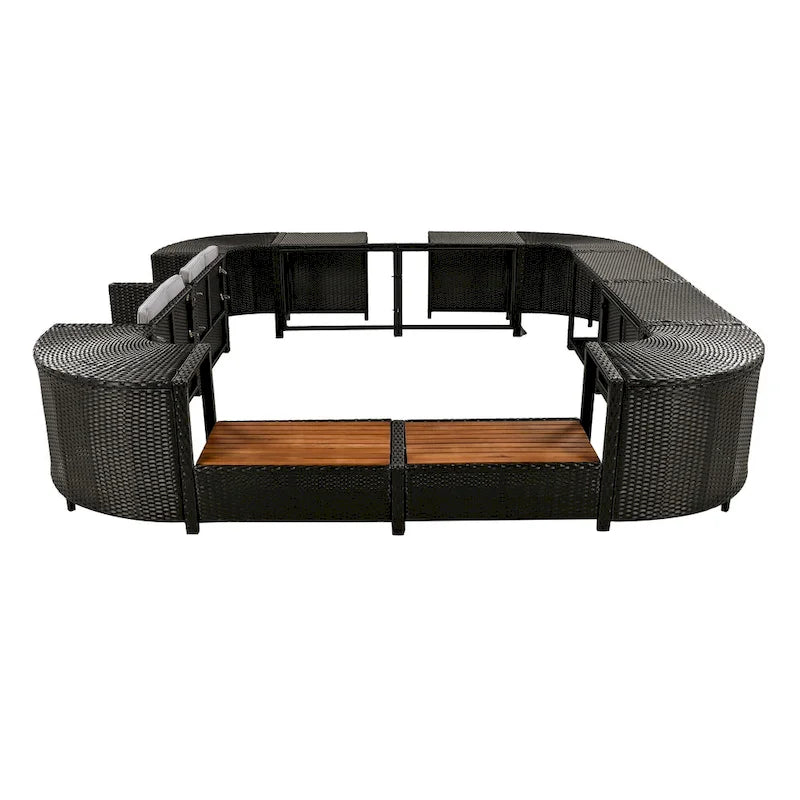 Ensemble de canapé d'extérieur en rotin pour patio, toutes saisons, avec mini-canapé, sièges en bois et espaces de rangement