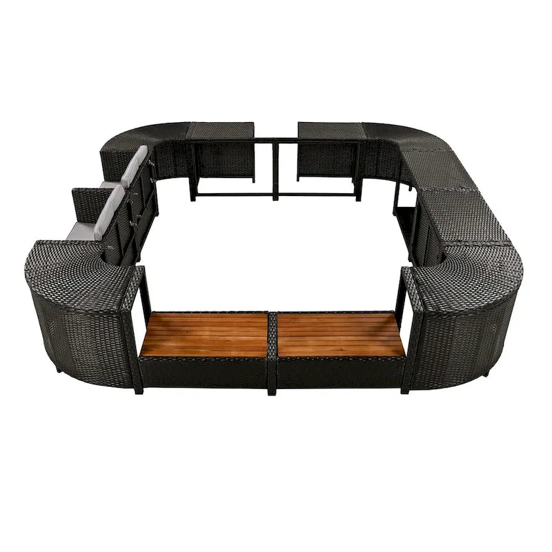 Ensemble de canapé d'extérieur en rotin pour patio, toutes saisons, avec mini-canapé, sièges en bois et espaces de rangement