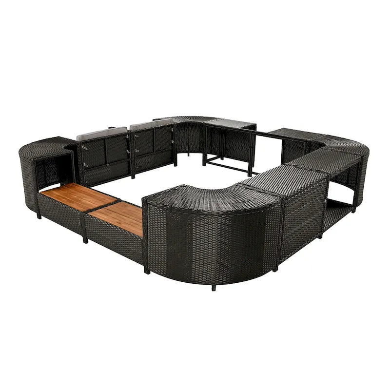 Ensemble de canapé d'extérieur en rotin pour patio, toutes saisons, avec mini-canapé, sièges en bois et espaces de rangement